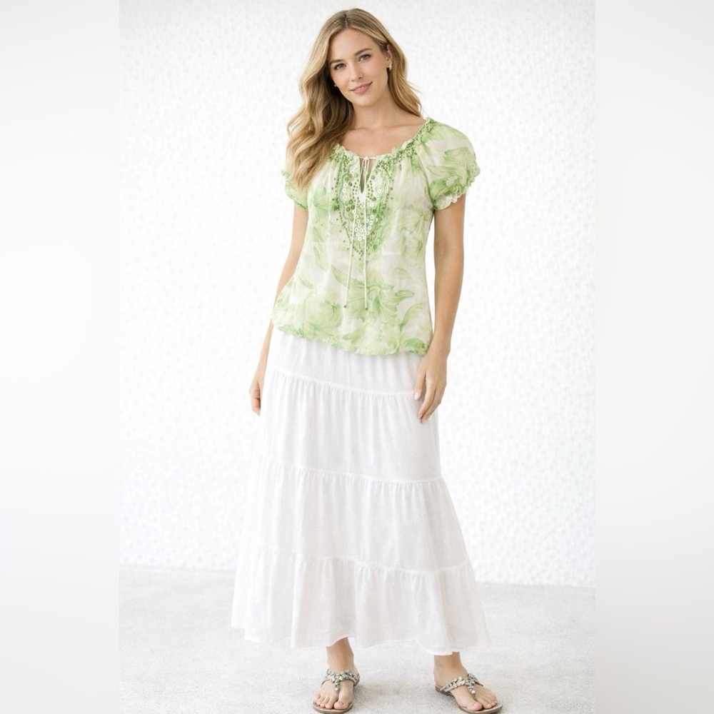 NWT Raga Beaded Short Puff Sleeve Tee - Size Medium Tie Front Green Tunic Top - Picture 2 of 9